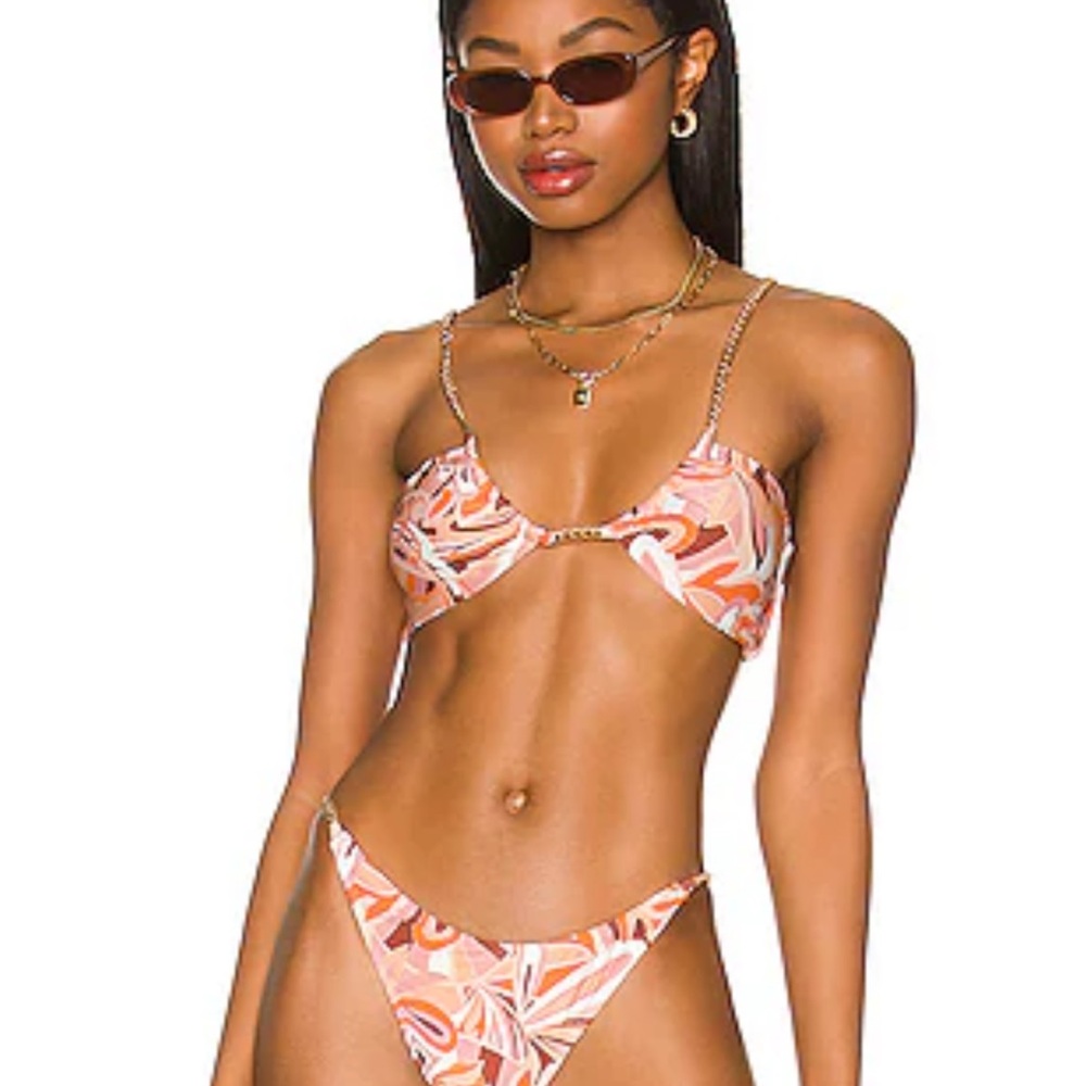Abstract Print Bikini Top with Chain Straps